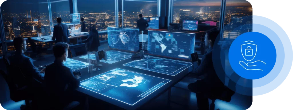 Una Oficina Llena De Gente Trabajando En Ordenadores Futuristas Con Imágenes Del Globo En La Pantalla De Dicho Ordenador. A La Derecha De La Imagen Hay Un Icono De Un Candado Dentro De Un Escudo Sobre Una Mano.