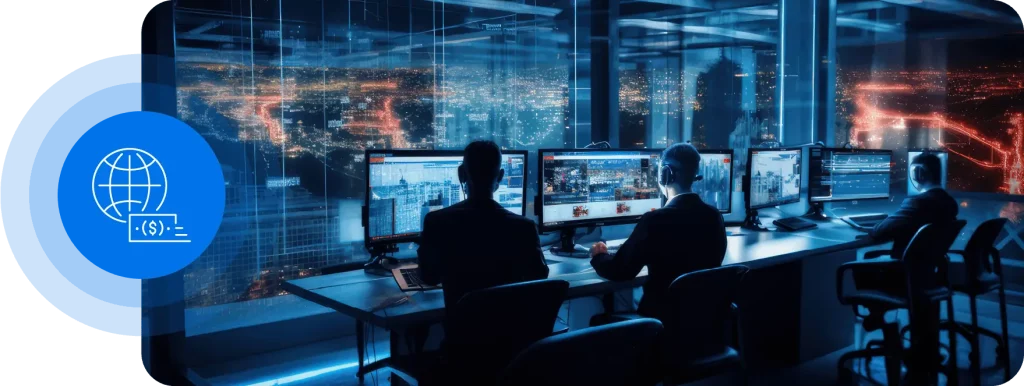 Una Oficina Futurista Llena De Gente Trabajando En Ordenadores Con Auriculares Encendidos. A la izquierda de la imagen es un icono de un globo de Internet con un billete de dólar volando a través de él.
