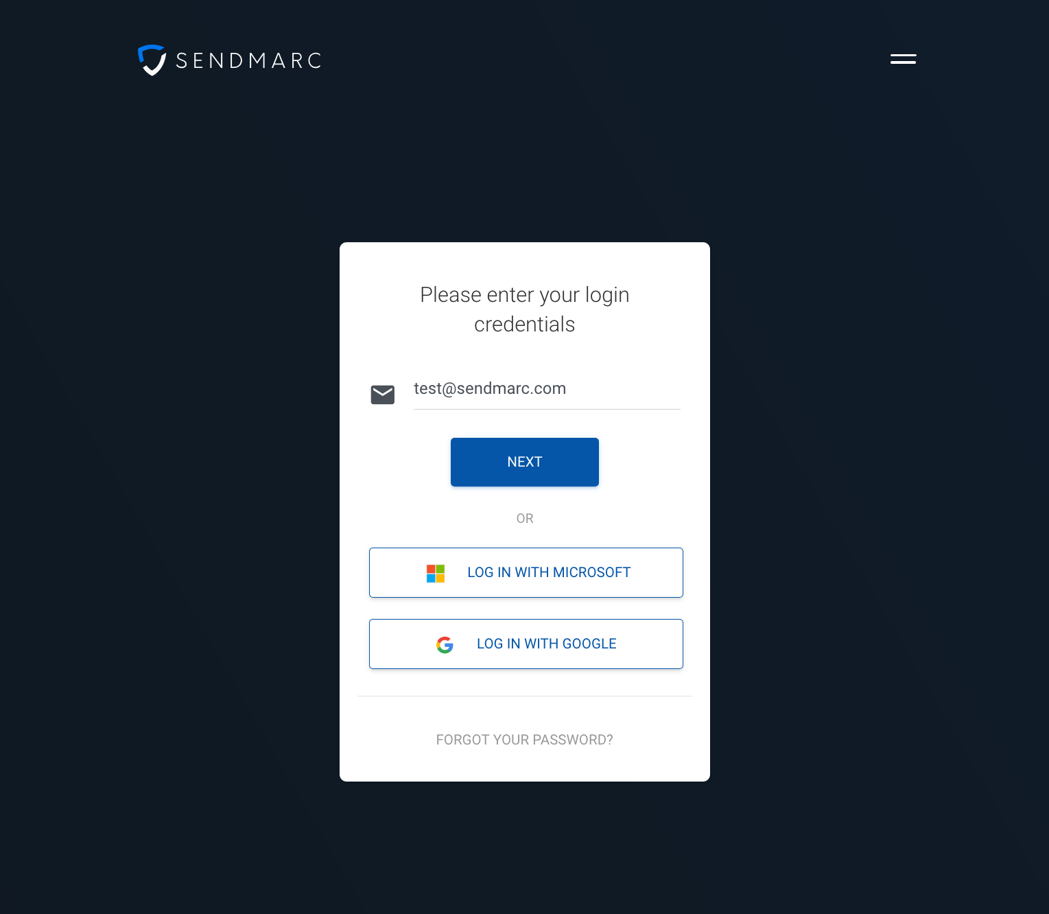 Plataforma de gestión DMARC de Sendmarc con opciones Single Sign-On (Inicio de sesión único o SSO) de Okta, Google Workspace y Microsoft .