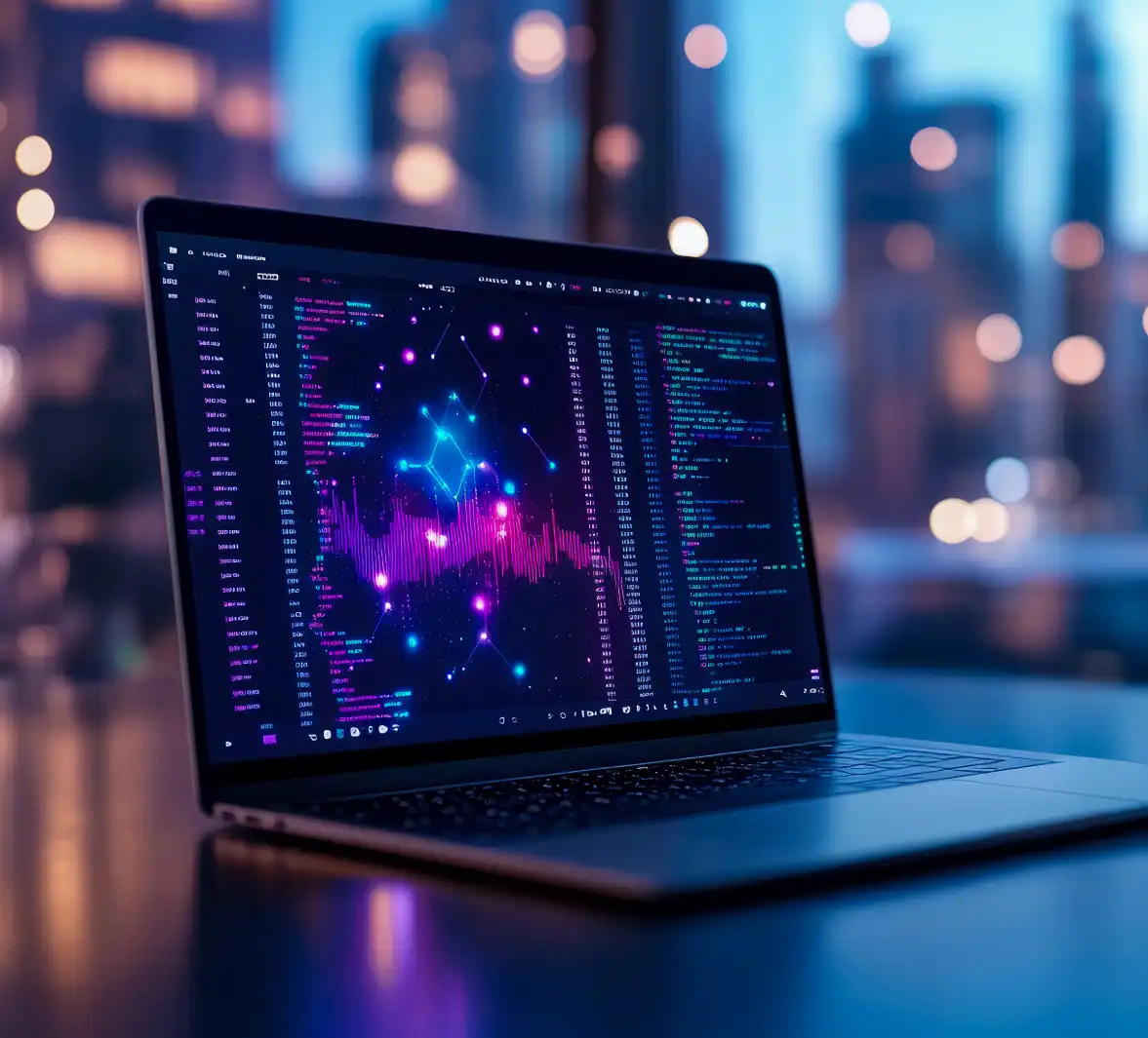 Portátil con código y datos complejos en la pantalla
