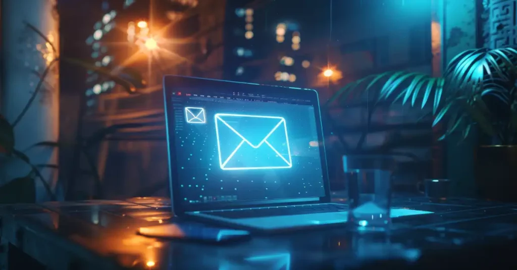 Icono de correo electrónico en la pantalla de un ordenador portátil sobre un escritorio por la noche