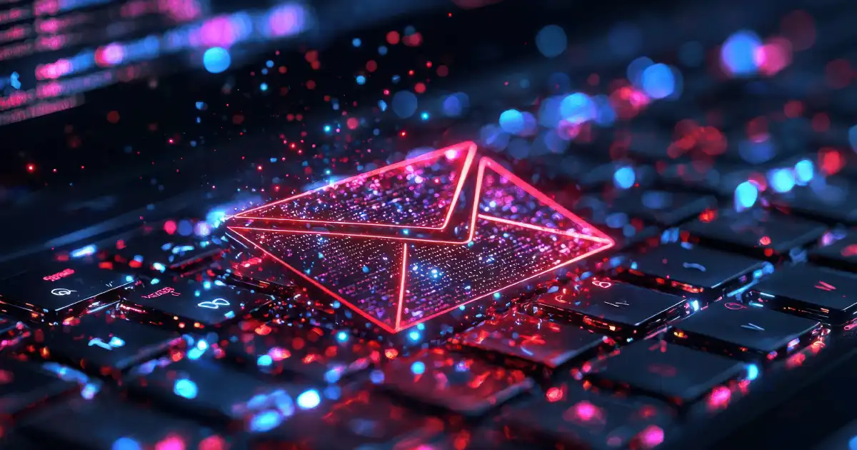 Bright pink cyber email envelope on a keyboard