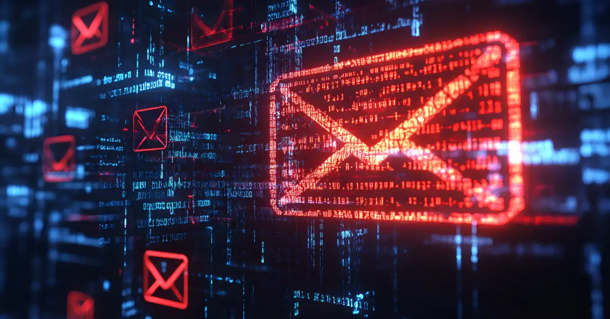 Bright red digital email envelopes floating in a digital environment