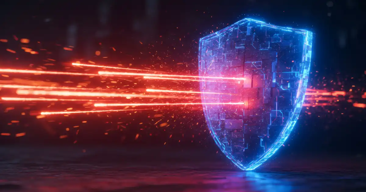 Digital shield with red flares passing through
