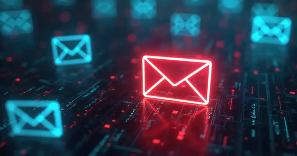 Sobre de correo rojo junto a sobres de correo azules en un entorno digital