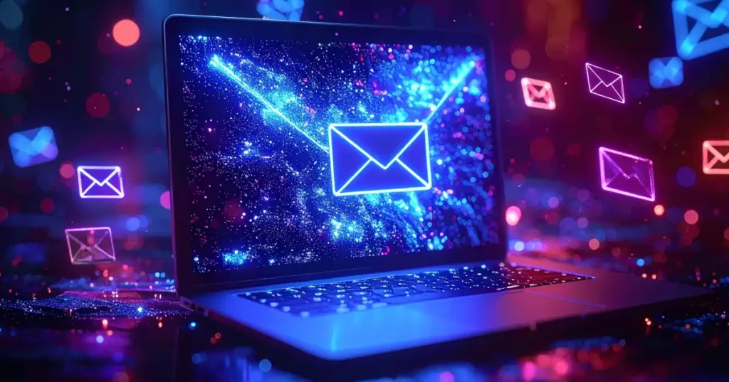 Sobre azul de correo electrónico en la pantalla de un ordenador portátil, rodeado de líneas azules brillantes