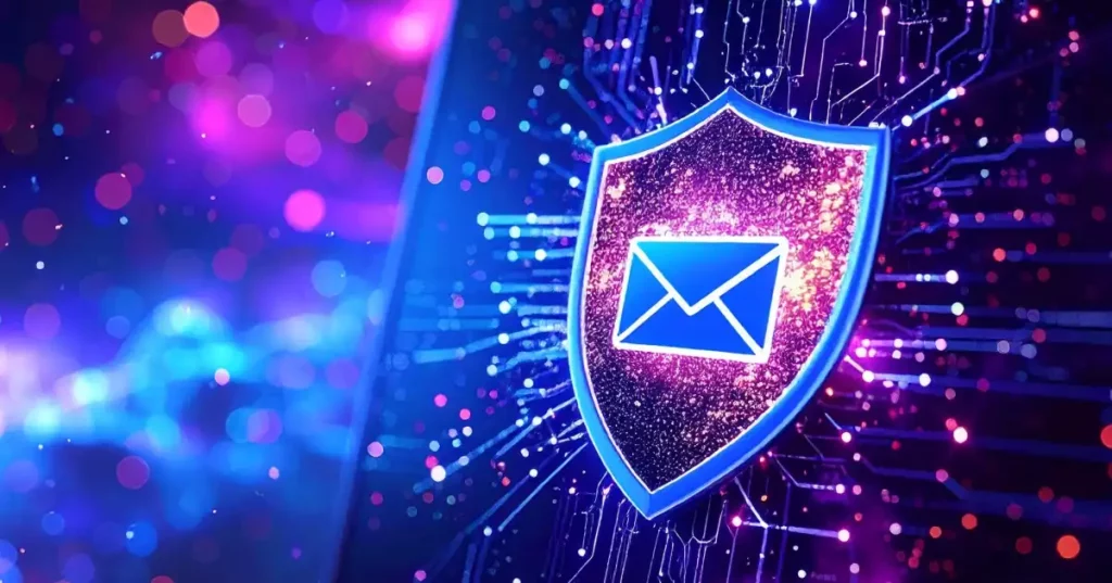 Un sobre de correo electrónico sobre un escudo digital en el ciberespacio