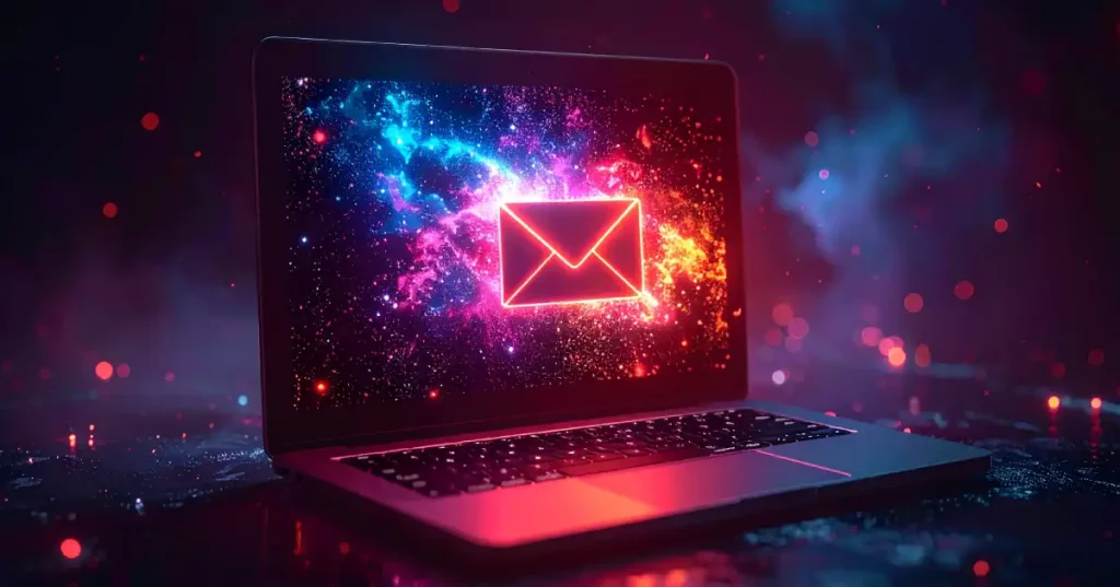 Icono de un sobre de correo electrónico con luces de neón en la pantalla de un ordenador portátil