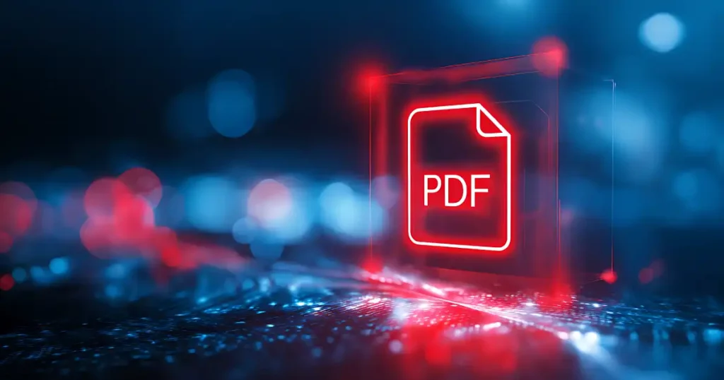 Icono de archivo PDF de color rojo brillante sobre un fondo digital de alta tecnología