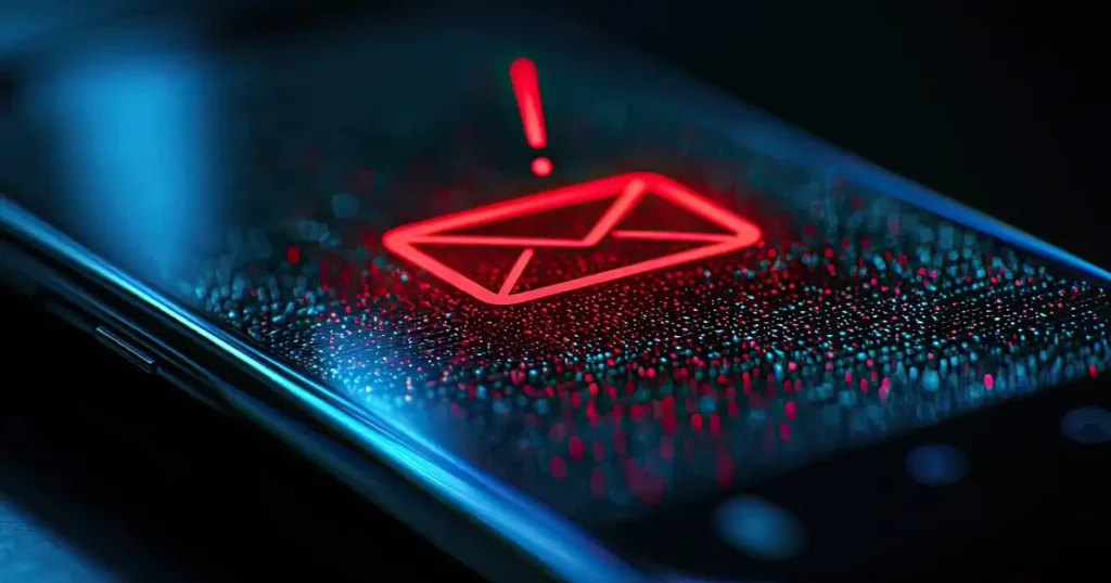 Sobre de correo electrónico rojo que muestra un correo bloqueado en un dispositivo móvil