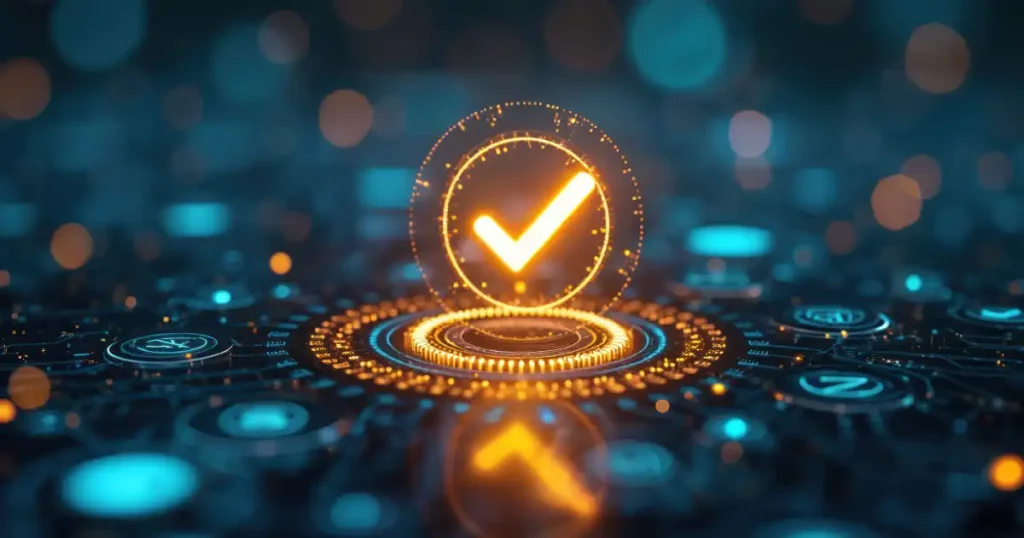 Marca de verificación brillante sobre fondo digital