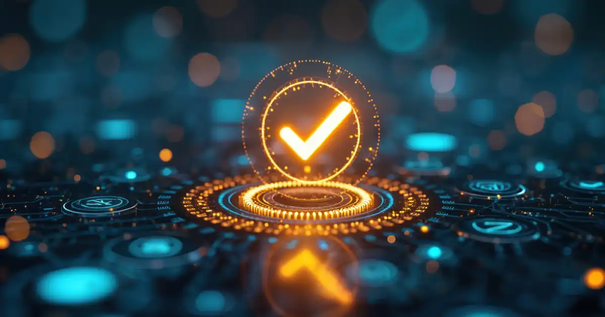 Glowing checkmark on digital background