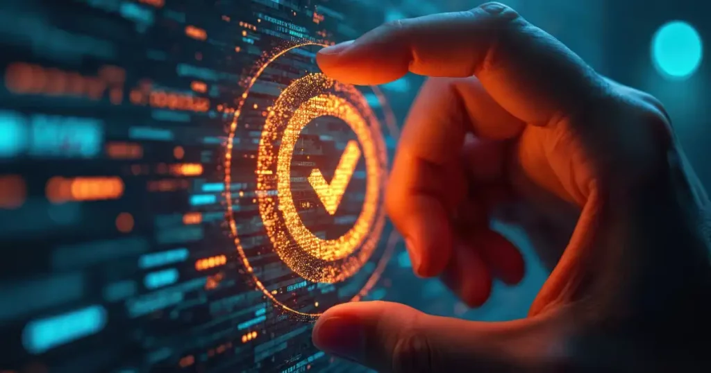 Mano interactuando con el símbolo de una marca de verificación digital