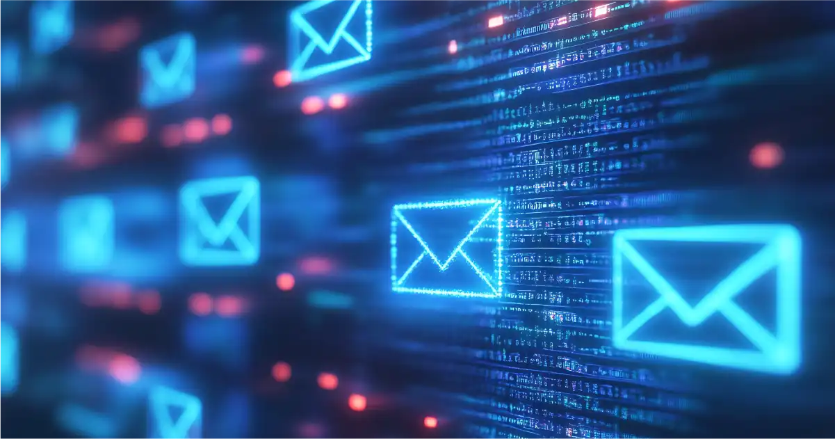 Blue email envelopes floating in digital space