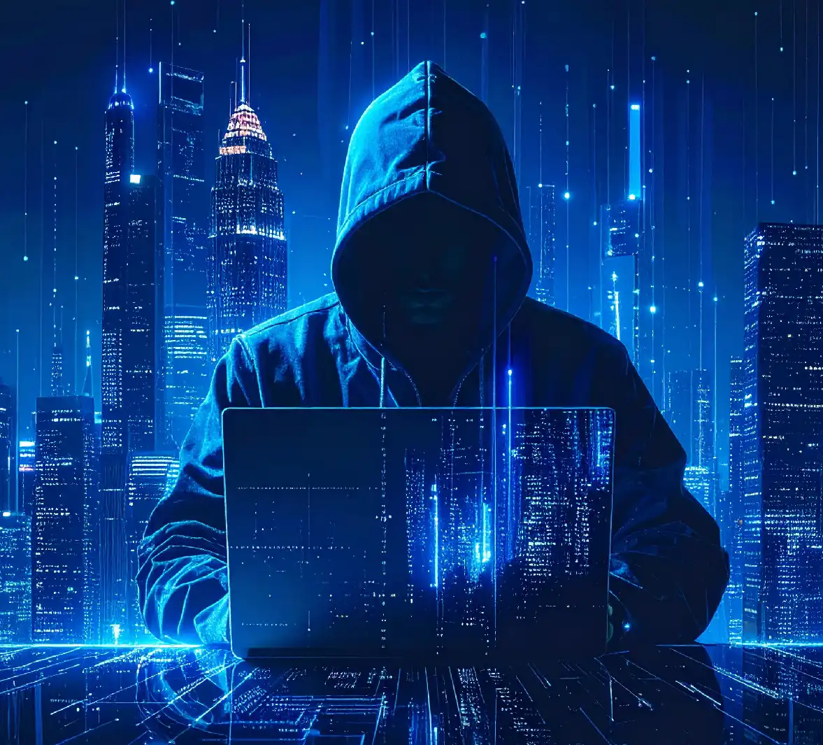Criminal digital encapuchado frente a una ciudad digital