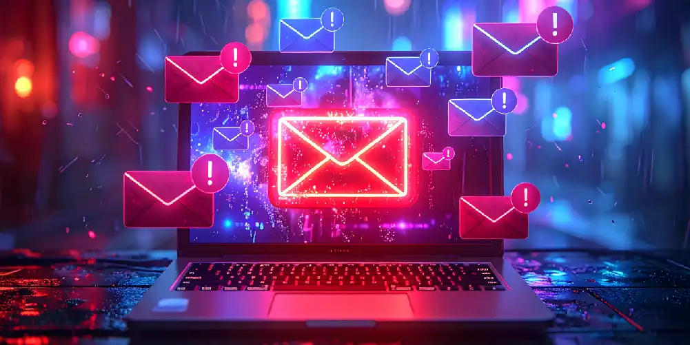 Smtp error 554: what it means and fixes 1 Sobres de correo electrónico flotando alrededor de un ordenador portátil con signos de error