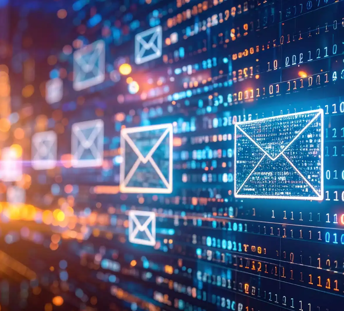 Sobres de correo electrónico flotando en un luminoso espacio digital