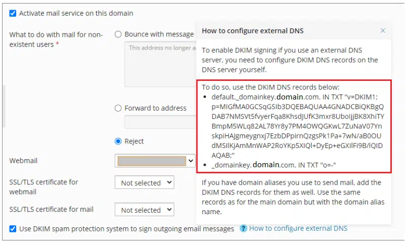 Implementation instructions: plesk dkim setup 2 Plesk Dkim Screenshot 2