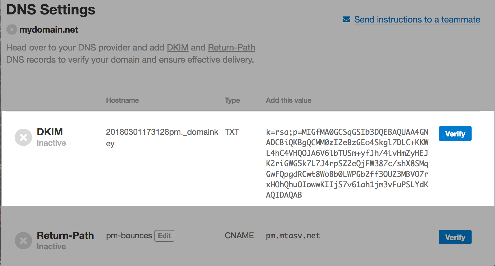 Implementation instructions: postmark dkim setup 2 Postmak Dkim Screenshot 2